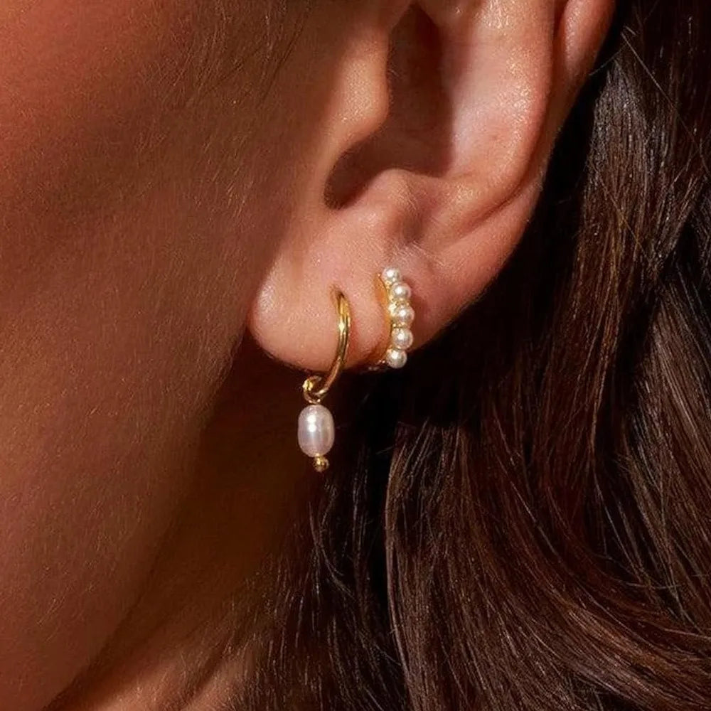 2 Pair/Set Fashion Stainless Steel Imitation Pearls Dangle Hoop Earrings for Women Dainty 18k Gold Plated Hoops Vintage Jewelry