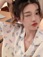 Cute Girl's Summer Cotton Linen ort Sve Nightgown Home Clothes Set Bear Print Gauze Spwear Simple Home Sle