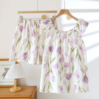 2025 Women's New Summer Pajama Set 100% Cotton Crepe Vest+Shorts Two Piece Loose Home Clothing Set Sleepwear Ladies