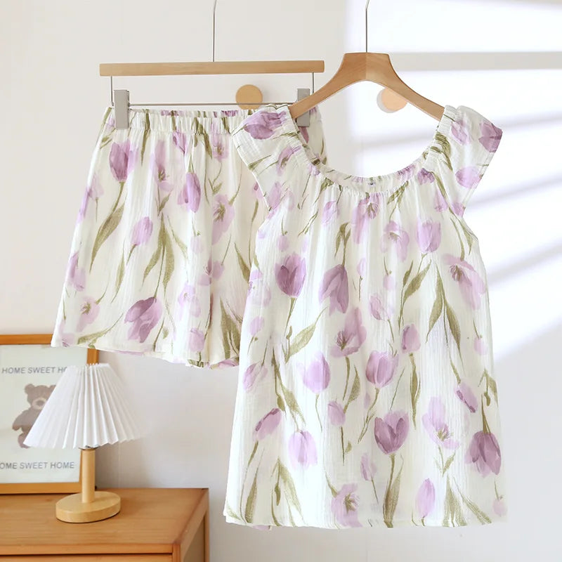 2025 Women's New Summer Pajama Set 100% Cotton Crepe Vest+Shorts Two Piece Loose Home Clothing Set Sleepwear Ladies