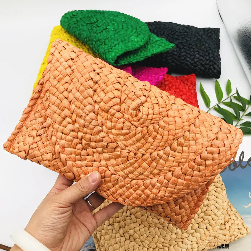 Corn Husk Weave Dinner Clutch Bag Women's Fashion Simple Solid Straw Large Purse Woman Summer Casual Vacation Ladies Wallet 2025