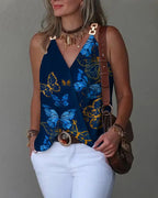 Elegant V-Neck Blouse for Women, Sexy Sleeveless Chain Print, Lady Casual Tops, White, Summer, 2024