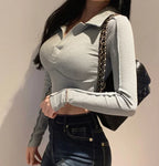 Elegant Coquette Women's Polo Neck T-Shirt - Long Sleeve, Chic Style, Effortless Elegance