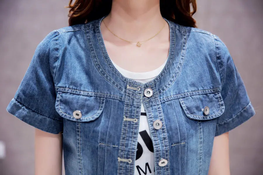 2023 Spring/Summer New Denim Jacket Women's Korean Casual Slim All-Match Short Crop Sleeve Short Sleeve Denim Button Up Top