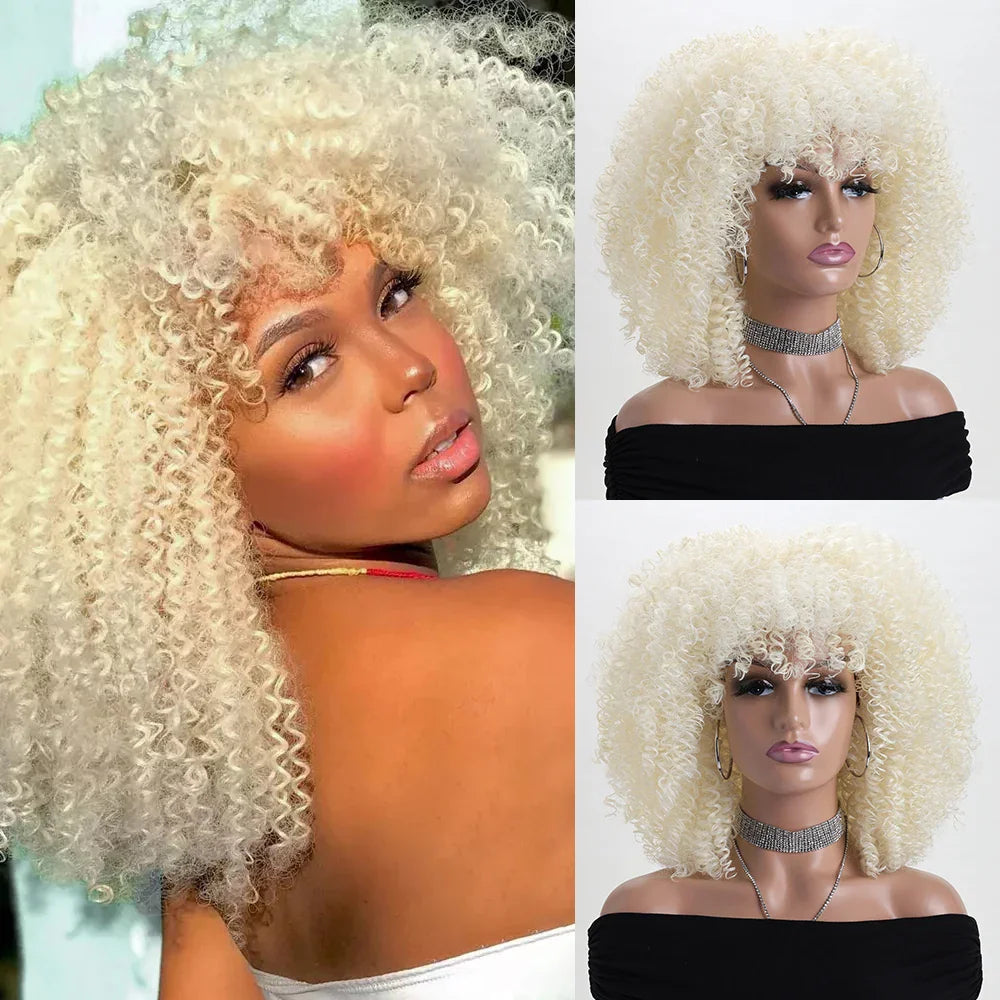 16 Inch Afro Kinky Curly Hair Wigs With Bangs Soft Fluffy Synthetic Fiber None Lace Wigs For Party Cosplay Daily Use