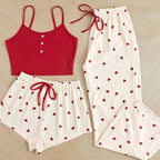 3pcs Women's Pajamas Heart-shaped Printed Vest Shorts And Pants Paired With Ribbed Fabric For Home Casual Women's Sleepwear Set