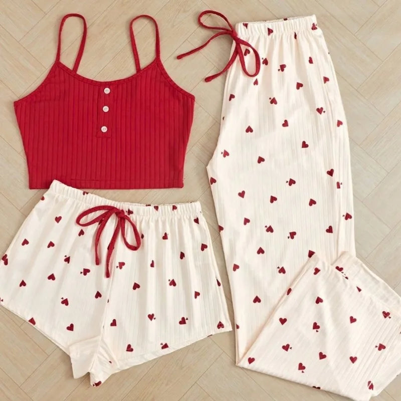 3pcs Women's Pajamas Heart-shaped Printed Vest Shorts And Pants Paired With Ribbed Fabric For Home Casual Women's Sleepwear Set