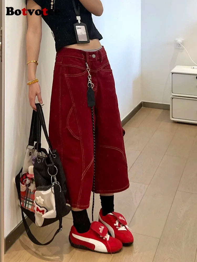 Botvotee Burgundy Calf Jeans for Women High Waisted Wide Leg Baggy Cargo Denim Shorts 2000s Y2k Vintage Streetwear Short Jeans