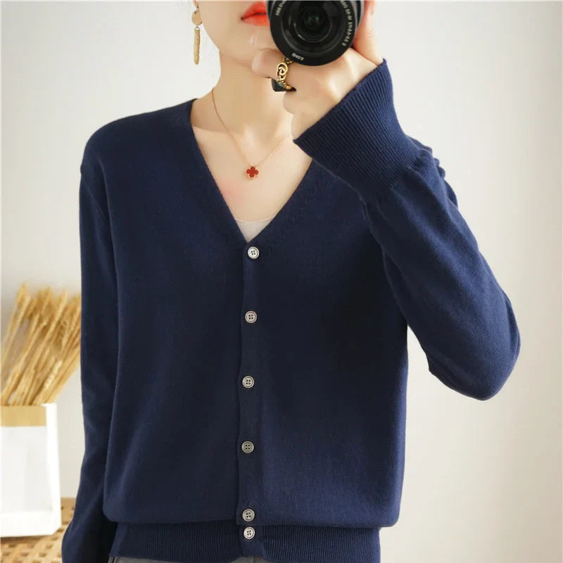 100% Cotton Line Long Sleeve V-Neck Knitted Cardigan Women Loose Short Solid Color Simple Sun Protection SMY K61