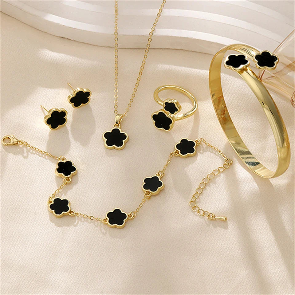 5pcs Lucky Five-petal Flower Women's Jewelry Set, Fashion Flower Bracelet + Necklace + Earrings + Bracelet + Ring Set, Birthday