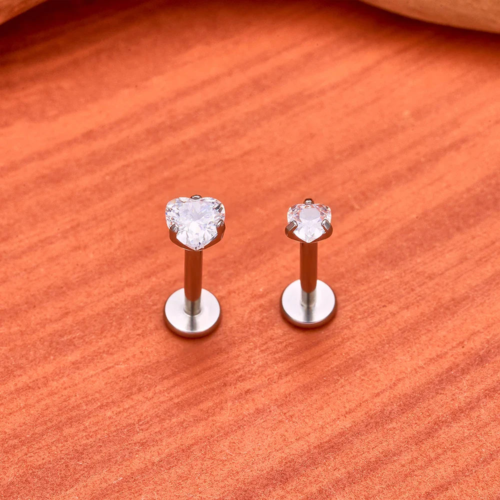 1/10PCS ASTM F136 Titanium 16G Heart CZ Threaded Labret 3mm/4mm CZ Cartilage Tragus Helix Nose Stud Piercing Jewelry