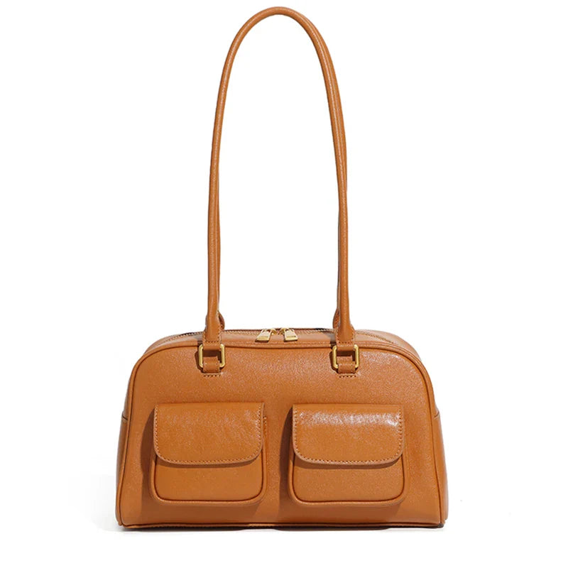 Burminsa Cowhide Genuine Leather Underarm Shoulder Bags For Women 2025 Luxury Designer Korean Bowling Tote Work Ladies Handbags