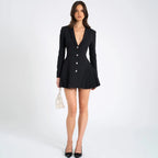 2025 Autumn New Fashion V-Neck Short Dress Women Elegant Temperament Office Lady Blazer Dress Sexy Slim Pleated Black Dresses