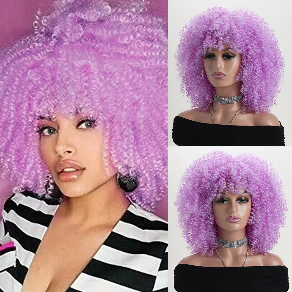 16 Inch Afro Kinky Curly Hair Wigs With Bangs Soft Fluffy Synthetic Fiber None Lace Wigs For Party Cosplay Daily Use