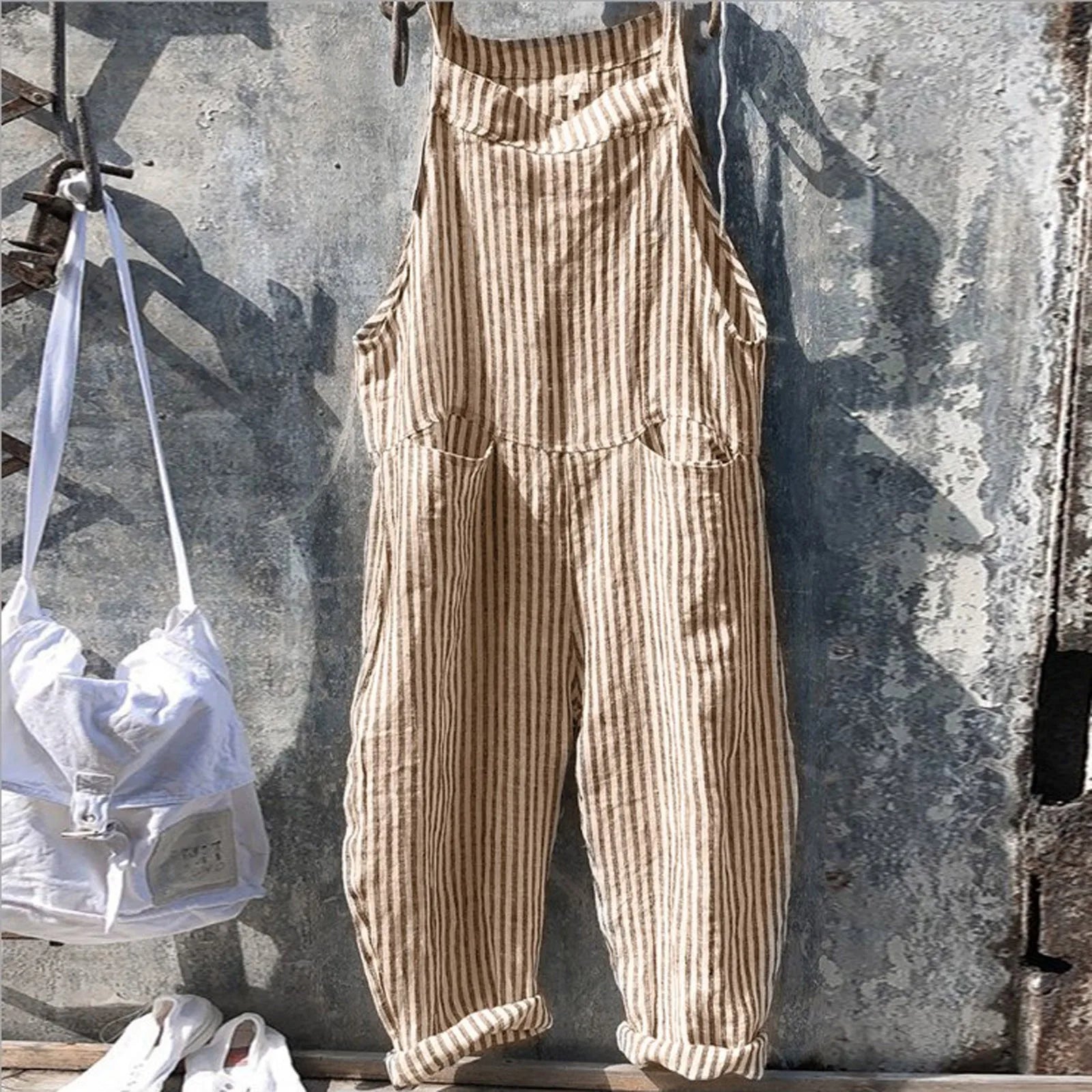 Casual Striped Overalls Korean Style Women's Summer Loose Fit Suspenders Jumpsuits Contrast Color Wide Leg Pants WIth Pockets