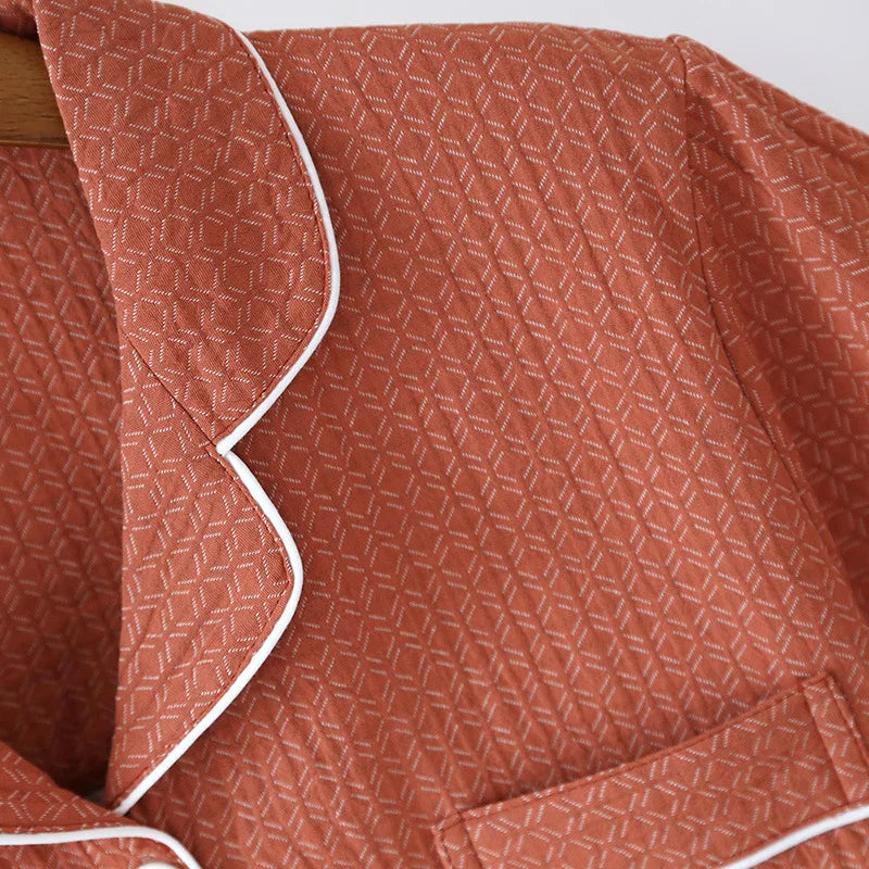 2025 New Japanese Spring/Summer Couple Pajama Set 100% Cotton Crepe Short Sleeve and Long Pants Two Piece Home Suit Thin Style