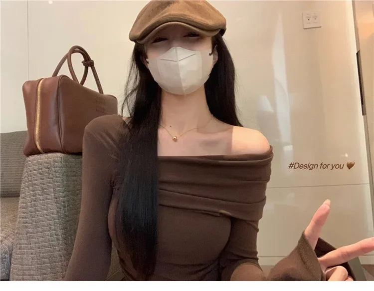 Elegant Off-Shoulder Long Sleeve Knitted Top For Women 2023 Autumn Slimming Smooth Base Layer T-Shirt Polyester Fiber Full Sleev