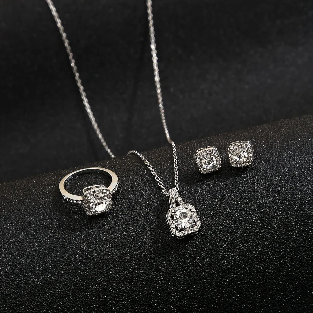 3Pcs/set Fashion Square Zircon Necklace Earrings Ring For Women Luxury Wedding Engagement Jewelry Shining Party Jewelry Gifts