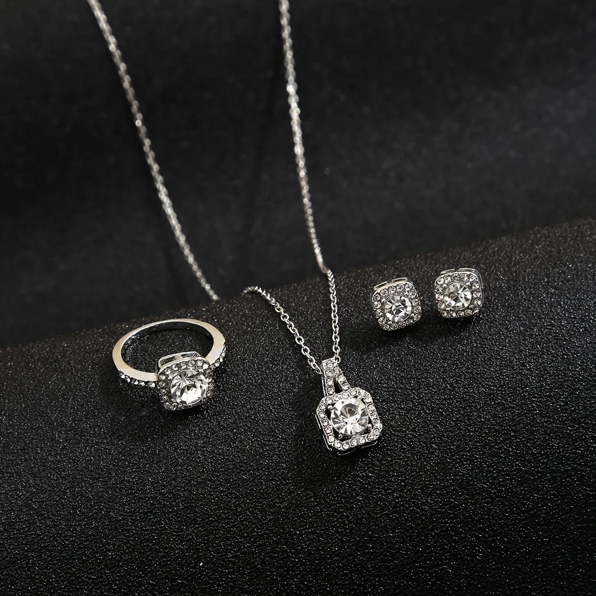 3Pcs/set Fashion Square Zircon Necklace Earrings Ring For Women Luxury Wedding Engagement Jewelry Shining Party Jewelry Gifts