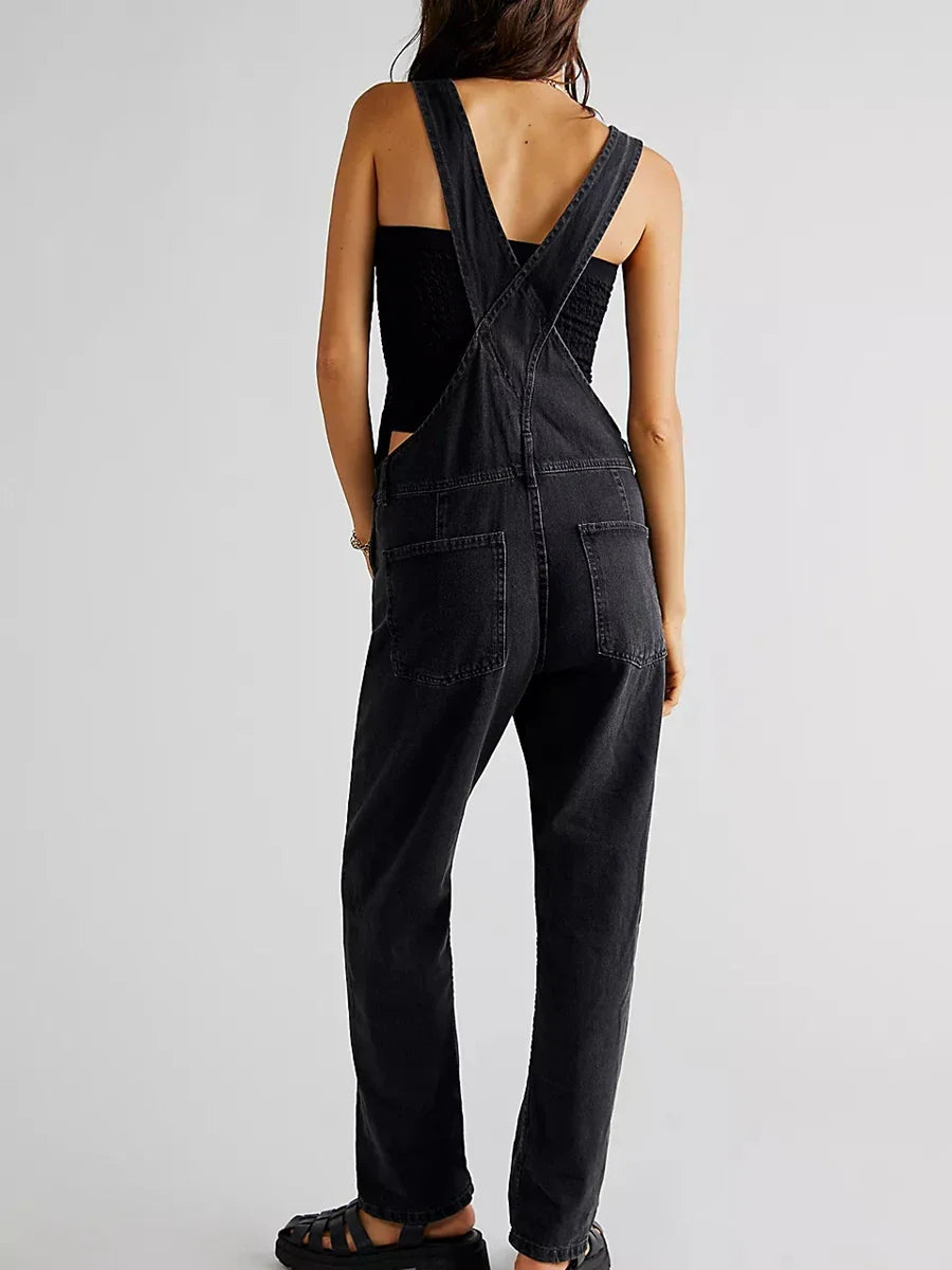 Casual Women Summer Vintage Retro Denim Long Jumpsuit Spaghetti Strap Straight Romper Pants Baggy Bib Overalls Jumpsuits