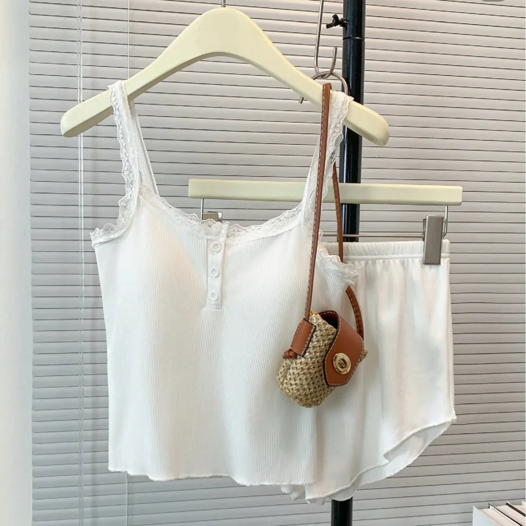 Casual Women Pajamas Summer Sleepwear Spaghetti Strap Shorts Sets 2 Pieces Night Wears O-neck Korean Sleeping Solid Home Suit