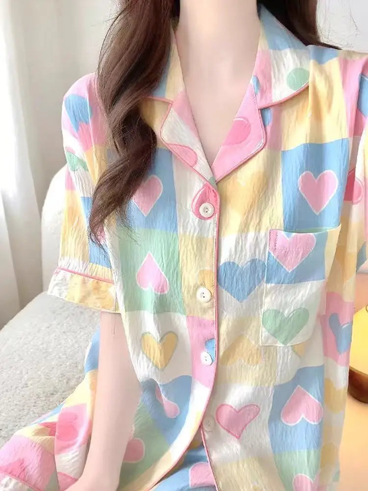 Cute Girl's Summer Cotton Linen ort Sve Nightgown Home Clothes Set Bear Print Gauze Spwear Simple Home Sle