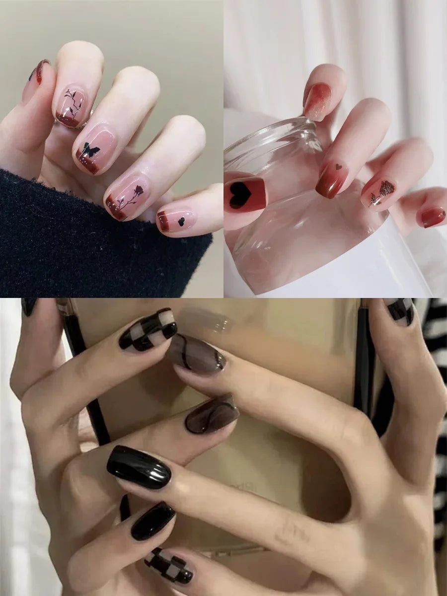 24PCS/SET Cold Black Chess Board Wearing Fake Nails Finished Product Long Full Coverage Acrylic Removable Press on Nails Art Tip