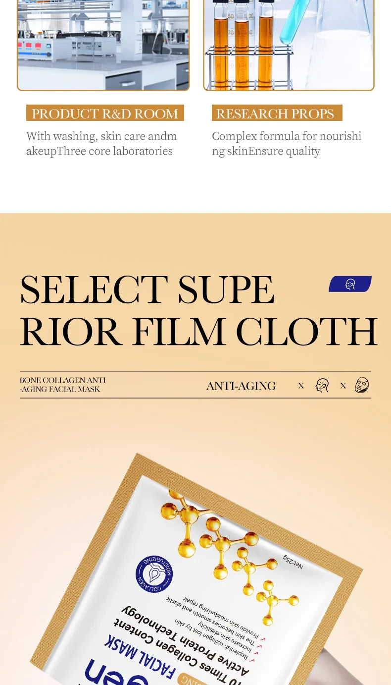 10PCS Collagen Anti Wrinkle Facial Mask Anti Aging Fade Fine Lines Firm Skin Moisturizing Brightening SkinCare Korean Cosmetics