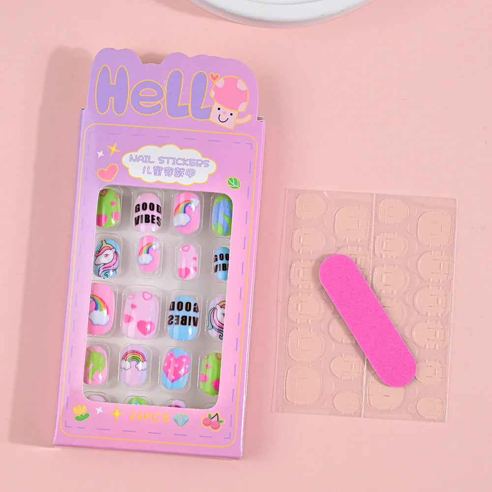 24Pcs Children Cartoon Nail Tips Colorful Cute Rabbit Pink Stars 6-14 Years old Girl Fake Nail With Jelly Glue Kids False Nail