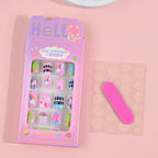 24Pcs Children Cartoon Nail Tips Colorful Cute Rabbit Pink Stars 6-14 Years old Girl Fake Nail With Jelly Glue Kids False Nail