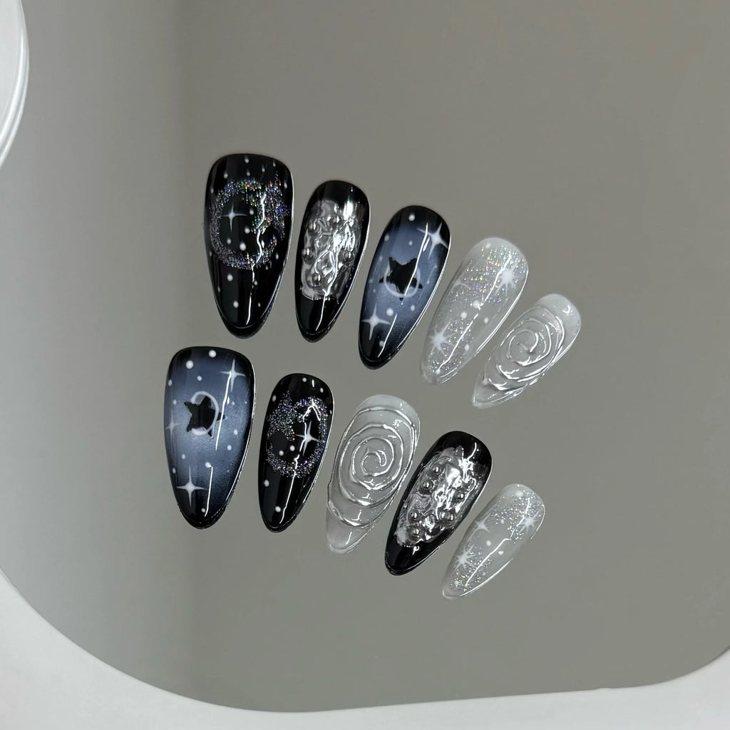 10pcs Handmade Press on Nails Y2k Starry Night Sky Almond Fake Nail Tips Detachable Wearable Sweet Cool False Nails for Girls