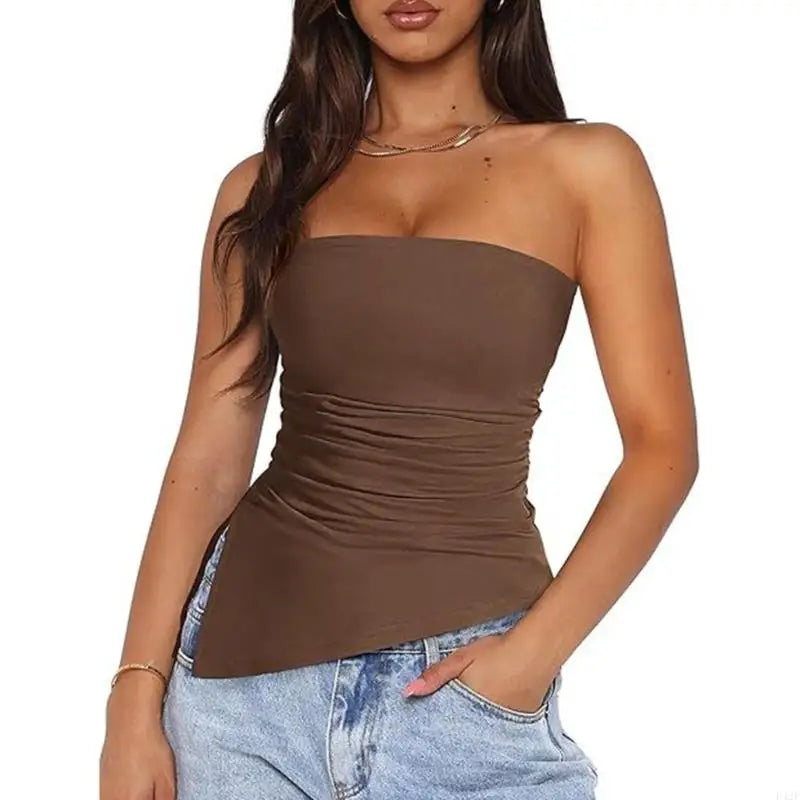 920L Strapless Ruched Asymmetrical Tube Top for Women Off Shoulder Bandeau Shirt Solid Color Side Split Fit Top