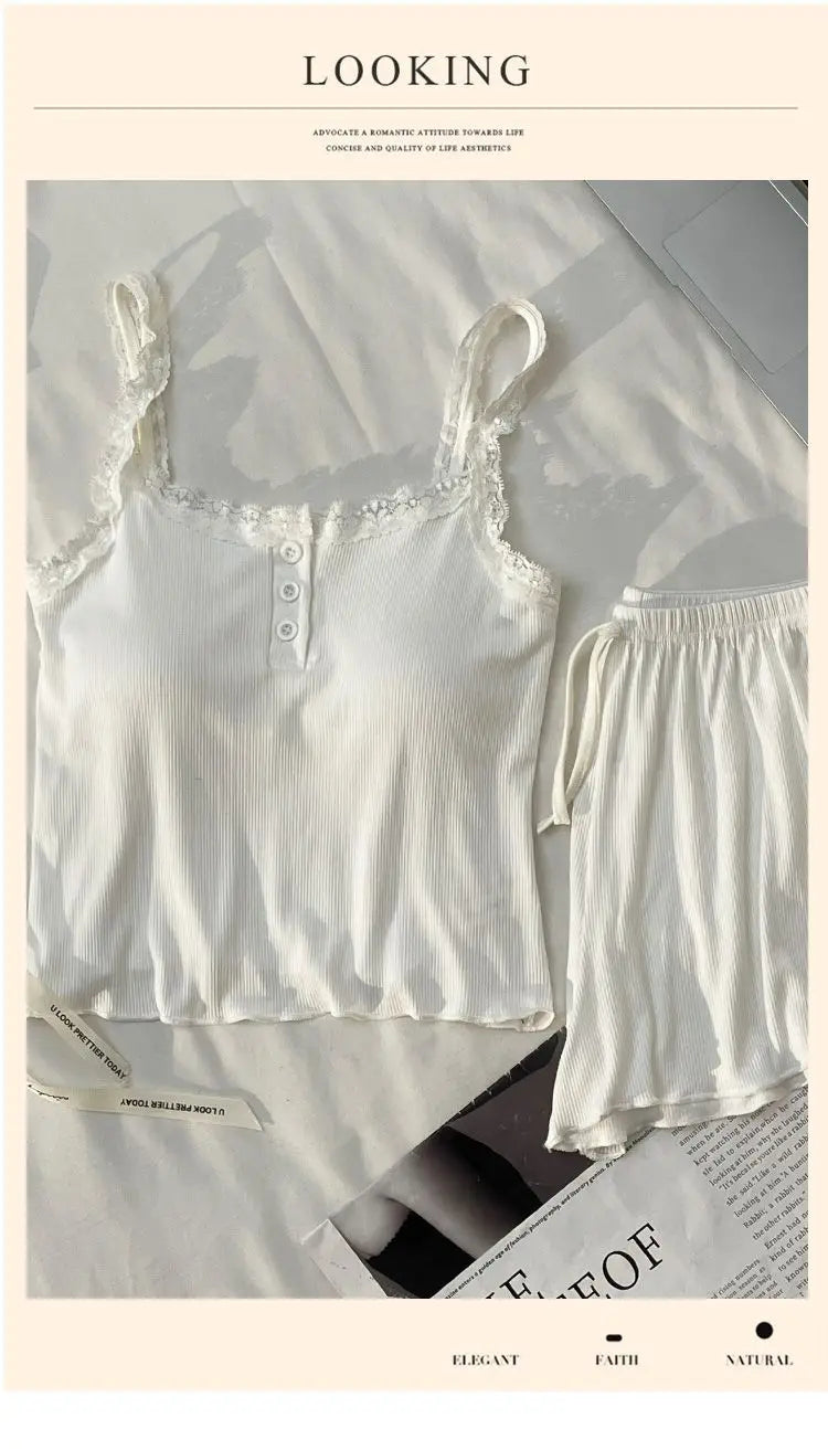 Casual Women Pajamas Summer Sleepwear Spaghetti Strap Shorts Sets 2 Pieces Night Wears O-neck Korean Sleeping Solid Home Suit