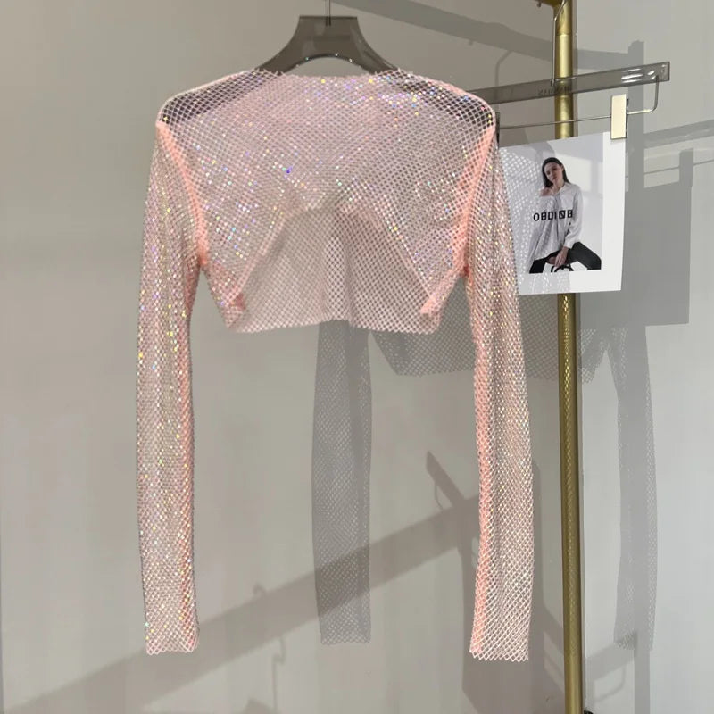 2023 new sexy bright diamond short top Slim thin Ms. hot drill long-sleeved T-shirt sexy leak waist nightclub