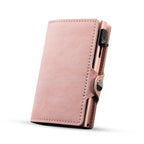 CASEKEY Pink Wallet Slim Minimalist Leather Pop UP Wallet Rfid Blocking Mini Aluminum Automatic Card Holder for Women Men