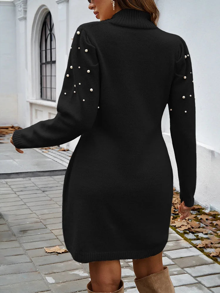 2025 Autumn Women Sweater Dresses Pearls Round Neck Long Sleeve Hip Wrap Dress Winter Elegant Ladies Casual Solid Slim Fit Dress
