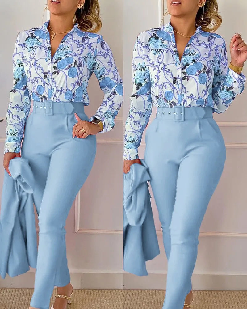 Autumn Winter Stand Neck Floral Print Long Sleeve Shirt Pants Two Piece Sets Elegant Women Casual Shirt Trousers Suits With Belt