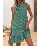 2025 Elegant Women's Casual Loose Ruffle Mini Dress Summer Bohemian Printed V-neck Lace-up Small Flying Sleeve Dresses For Women