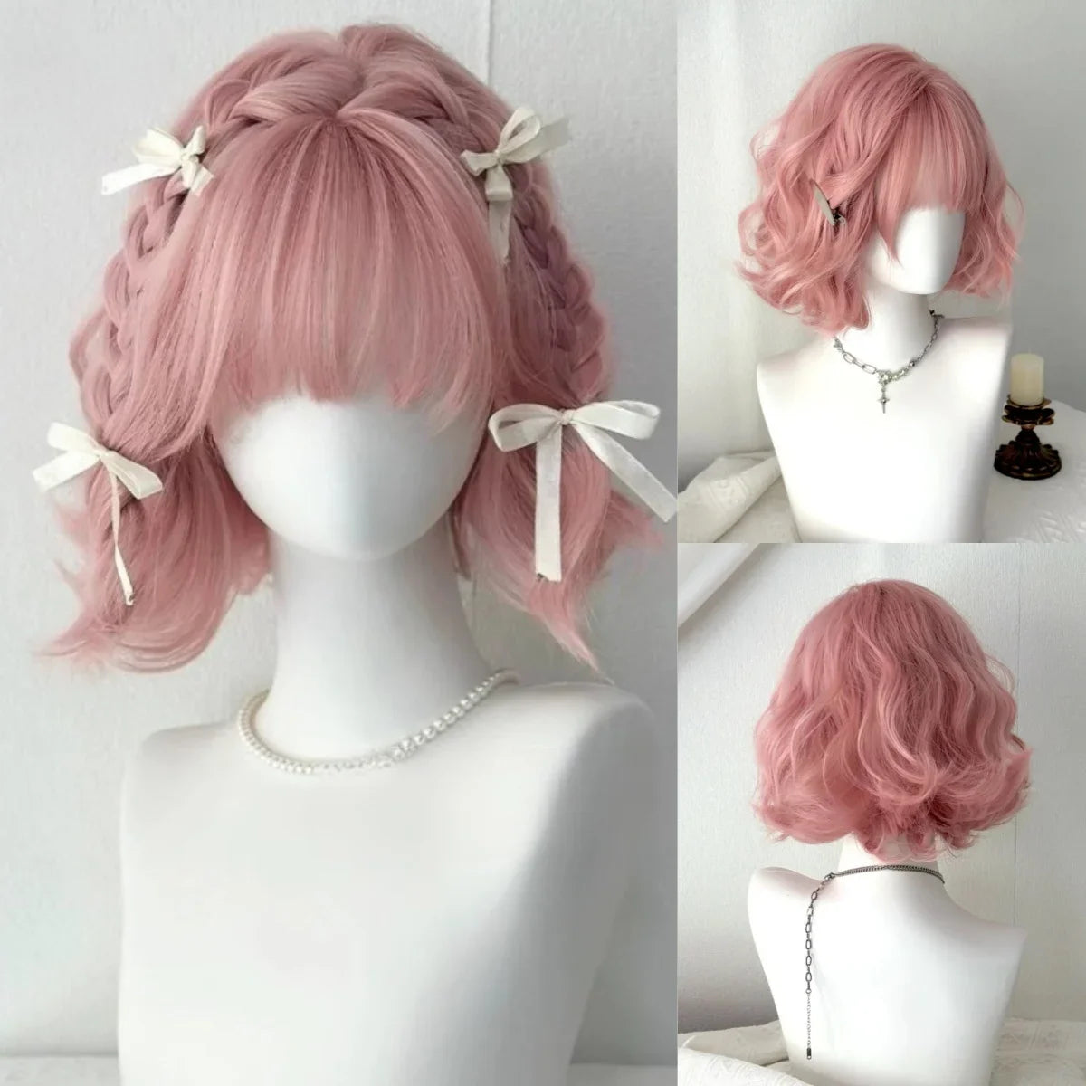 Allbell Magique Short Wavy Wig Bob Curly Wig With Bangs Dirty Orange Lolita Wigs Natural Synthetic Wig For Woman Heat Resistant