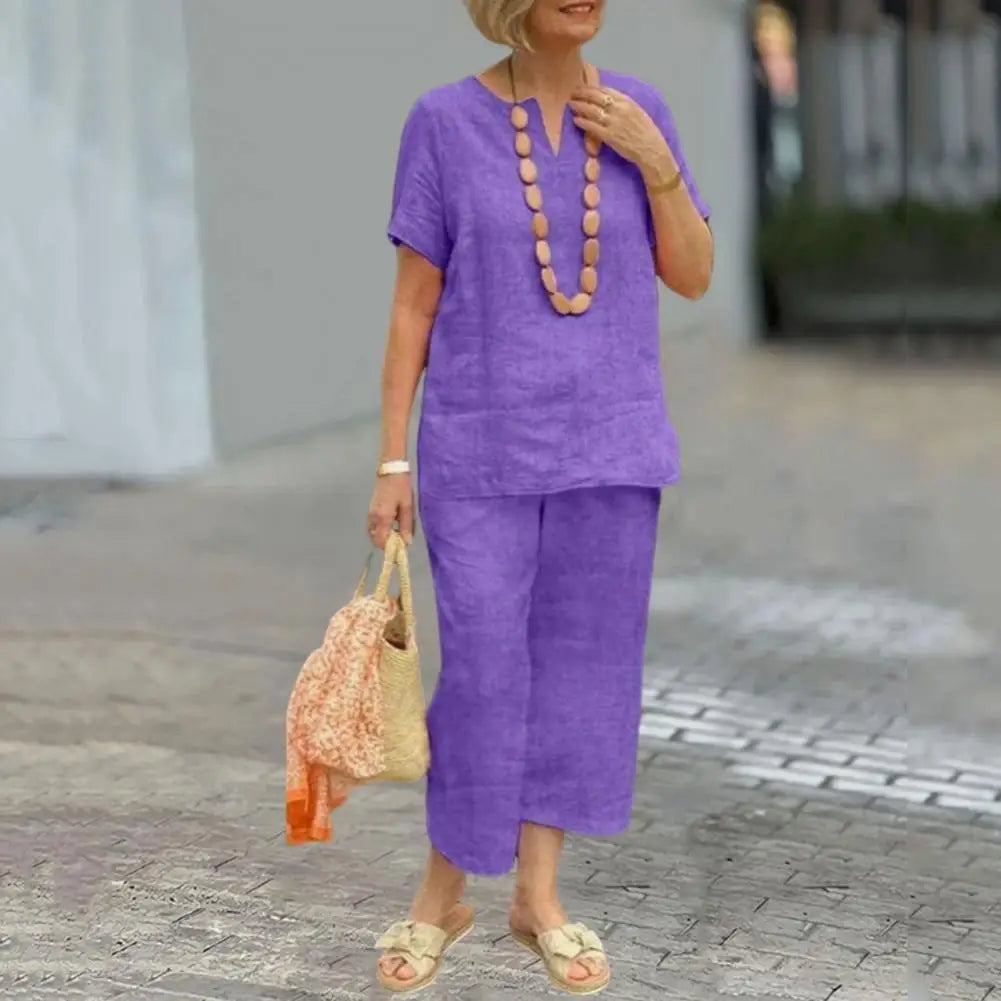 2Pcs Women Blouse Pants Set Solid Color Short Sleeve Loose Top Wide Leg Straight Pants Sets Casual Matching Tracksuit Outfit