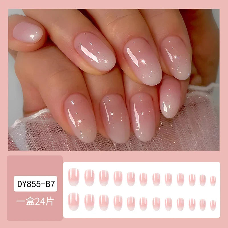 24Pcs Oval Short Pink Press on Nails Simple Ombre Spring False Nail for Sweet Sassy Cool Women&Girl Removable Wearable Nail Art