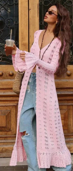 DSMTRC 2025 Holiday Knitted See-throught Cardigan Dress V Neck Long Flare Sleeves Leisure Long Trendy Single Breasted Autumn