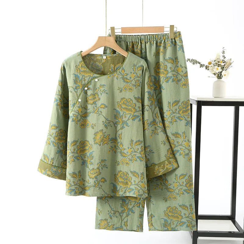 Chinese Style Women's Pajamas, Pure Cotton, Retro Color, Woven Jacquard, Home Clothing, Long Sleeves Trousers, Diagonal Collar
