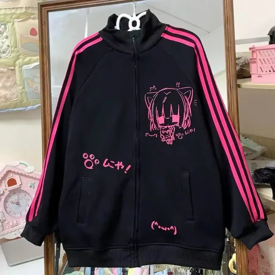 Black Cute Sweatshirts Coat Women's Clothing Stand Neck Zipper Jackets Y2k Tops Fashion Casual Hoodies Ropa Mujer Chic