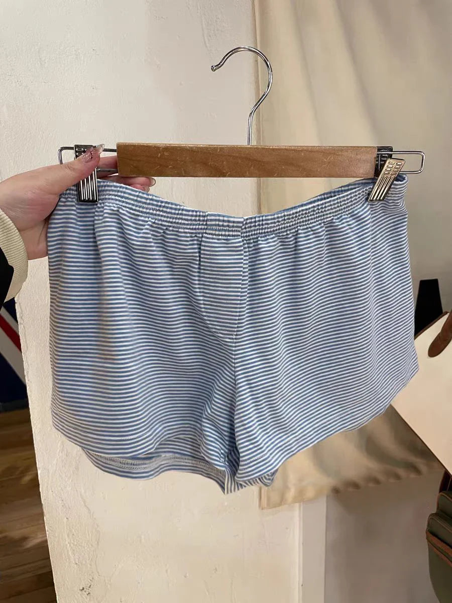 Blue Striped Tank Shorts Pajama Set Women Summer Sleeveless Crop Top+Elastic Waist Straight Short Pant Cotton Home 2 Piece Sets