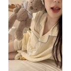 Cute Girl's Summer Cotton Linen ort Sve Nightgown Home Clothes Set Bear Print Gauze Spwear Simple Home Sle