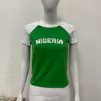 2025 Summer New y2k Leisure Color Blocked Embroidered Nigeria Letter Green T-shirt trend 2025 Women's Clothing Crop Top EMO