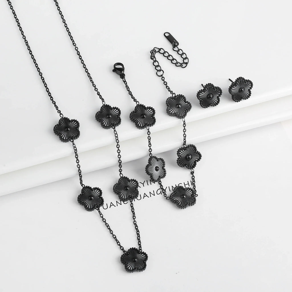 3Pcs Stainless Steel Hot Selling Gold Plated Clover Necklace Earrings Bracelet Jewelry Set Five Leaf Flower Jewelry For Women