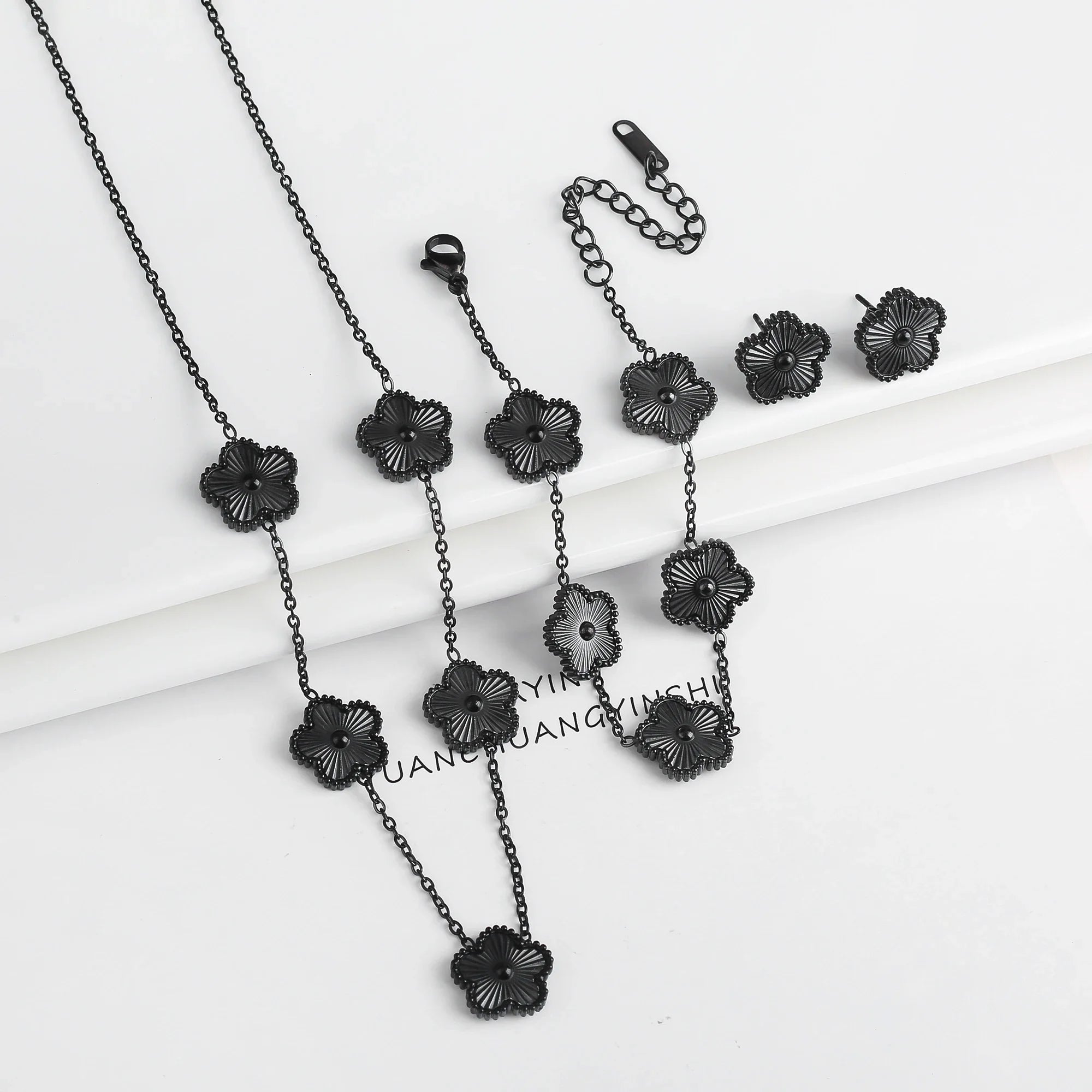 3Pcs Stainless Steel Hot Selling Gold Plated Clover Necklace Earrings Bracelet Jewelry Set Five Leaf Flower Jewelry For Women