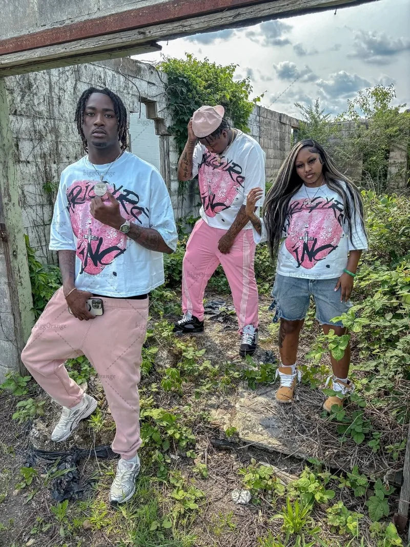 American Retro Letter Printing Oversized T-shirt Hip-hop Harajuku Punk Round Neck Graphic Top Men Trendy Casual Streetwear Women